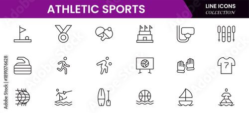 Athletic Sports Icons vector illustration with thin line contains a medal, football, basketball, cycling, athlete, racket, table tennis, sparing, cardio, gym, weight training, golf, volleyball