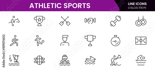 Athletic Sports Icons vector illustration with thin line contains a medal, football, basketball, cycling, athlete, racket, table tennis, sparing, cardio, gym, weight training, golf, volleyball