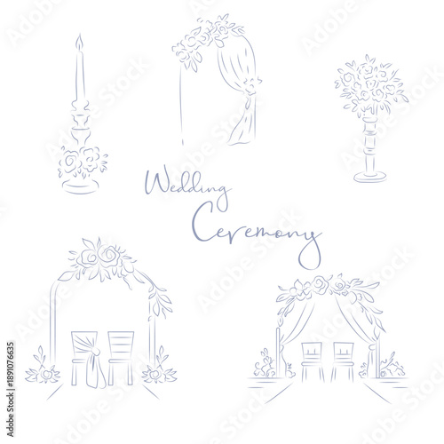 Elegant hand-drawn wedding ceremony line art illustration featuring floral arches, aisle chairs, candles, and decorative arrangements. 