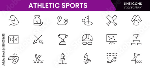 Athletic Sports Icons vector illustration with thin line contains a medal, football, basketball, cycling, athlete, racket, table tennis, sparing, cardio, gym, weight training, golf, volleyball