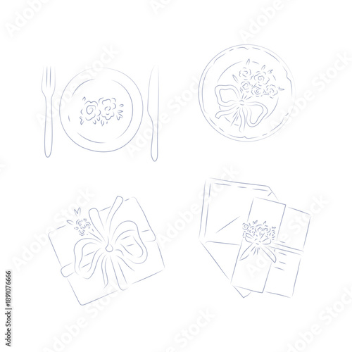 Hand-drawn wedding line art illustration featuring table settings, plates, cutlery, gift boxes, and decorative floral details. 
