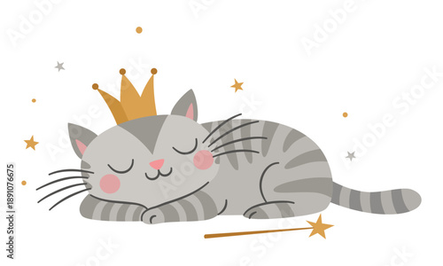 A cute striped kitten sleeps in a crown, next to a magic wand, a princess cat. Flat vector illustration in a simple children's style. . Vector illustration