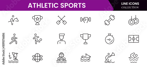 Athletic Sports Icons vector illustration with thin line contains a medal, football, basketball, cycling, athlete, racket, table tennis, sparing, cardio, gym, weight training, golf, volleyball