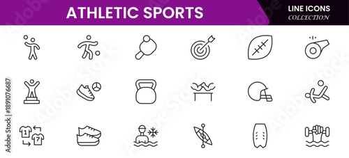 Athletic Sports Icons vector illustration with thin line contains a medal, football, basketball, cycling, athlete, racket, table tennis, sparing, cardio, gym, weight training, golf, volleyball