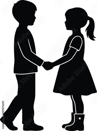 Silhouette illustration of little boy and girl holding hands facing each other symbolizing childhood friendship love innocence black vector design