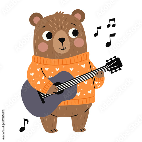 A cute bear in a sweater plays the guitar. Flat vector illustration in a simple children's style. . Vector illustration