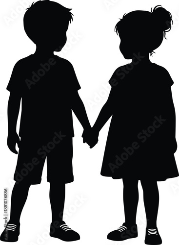Silhouette illustration of little boy and girl holding hands together representing childhood friendship love innocence unity simple black vector design