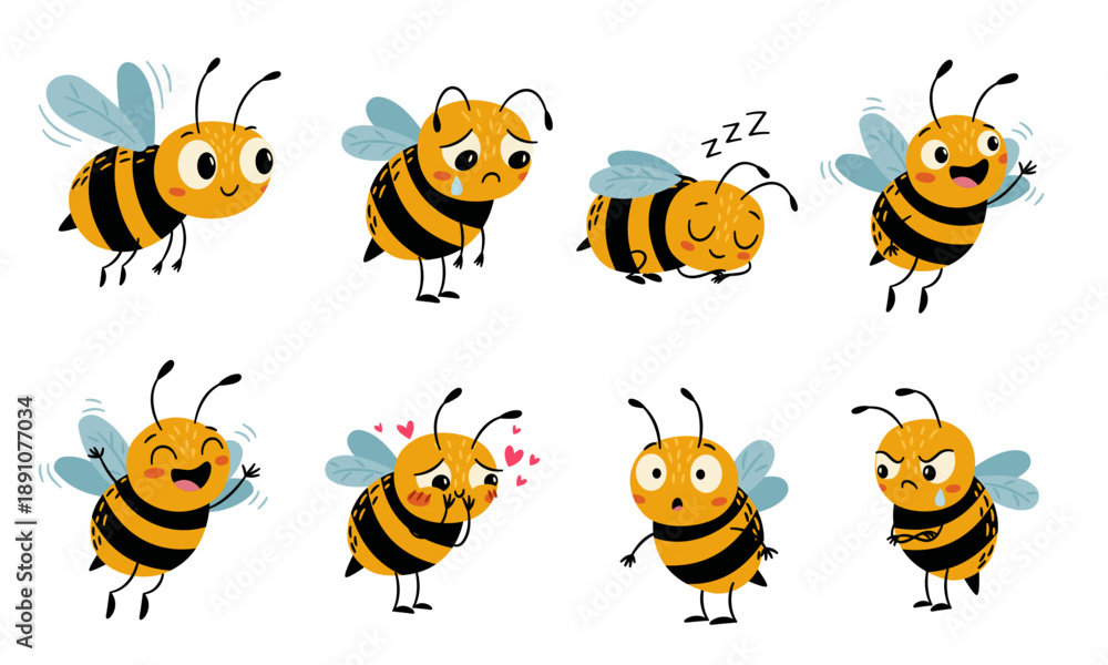 Fototapeta premium A cute collection of bees with different emotions and in different poses. A set of flat vector illustrations. . Vector illustration