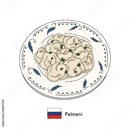 ロシア料理ペリメニの盛り付けイラスト 白背景｜ペリメニ,餃子,ロシア料理,伝統料理,グルメ