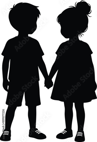 Silhouette illustration of little boy and girl holding hands together symbolizing childhood friendship love innocence unity simple black vector design