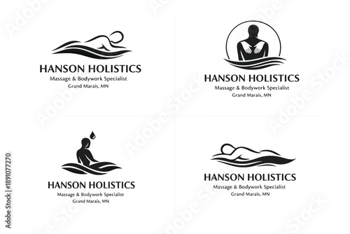 Serene Massage Symbol Set: A collection of serene logo for massage and bodywork specialist. Illustrating relaxation, wellness, and therapeutic expertise.