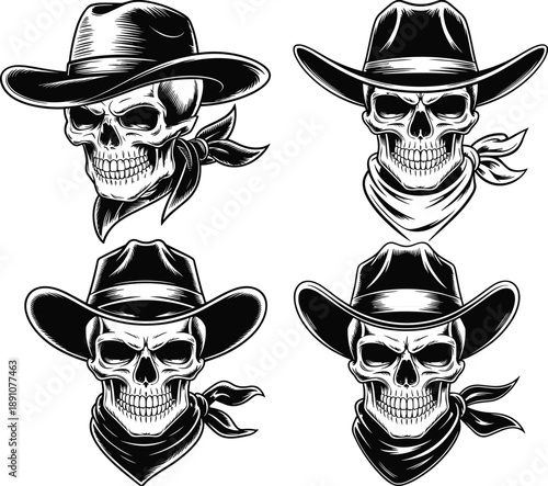 Cowboy skulls wearing western hats and bandanas outlaw tattoo vintage vector illustration set isolated on white background design