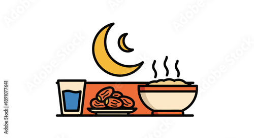 A stylized icon representing the essential elements of Iftar, including dates, water, and a warm meal, crucial for breaking the daily fast during Ramadan.