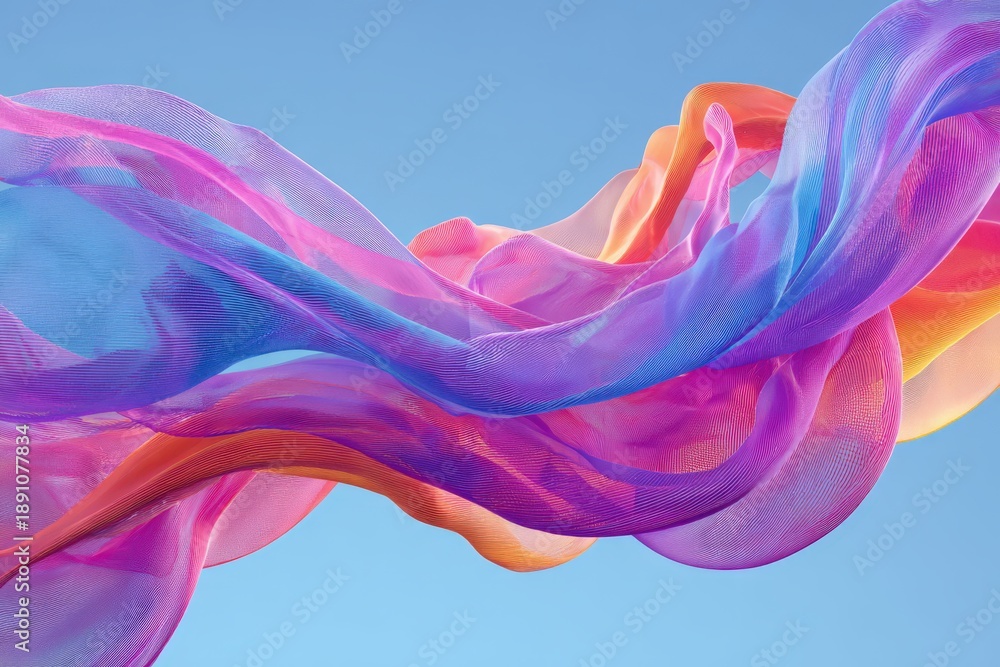 Obraz premium Abstract silk fabric wave, flowing colorful textile banner, vibrant chiffon cloth background, modern digital art design