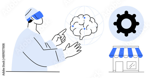 Artificial intelligence concept. Artificial intelligence illustrated with a brain, VR user, and technology icons. Artificial intelligence applied to business, innovation, and future tech. For AI