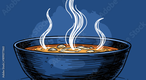 A captivating hand-drawn illustration displays a steaming bowl of hot, delicious soup, likely clam chowder, against a deep blue background, evoking comfort.