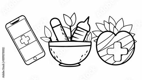 Medical and Health Icons Smartphone, Mortar and Pestle, and Heart with Cross Symbol