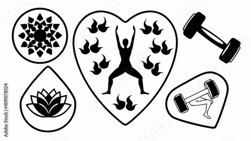 Dynamic vector set of wellness and fitness icons featuring yoga poses, strength training equipment, and symbolic elements for a balanced, healthy lifestyle
