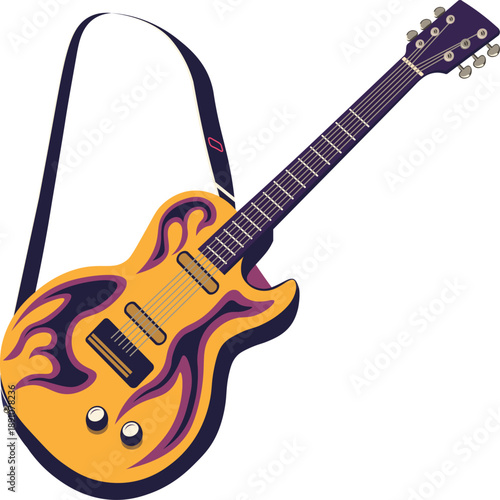Vintage Electric Guitar Vector Illustration with Purple Flame Decals and Strap