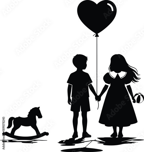 Silhouette illustration of little boy and girl holding hands with heart balloon and toy symbolizing childhood love innocence friendship concept