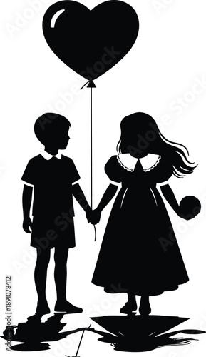 Silhouette illustration of little boy and girl holding hands with heart balloon symbolizing childhood love innocence friendship romantic vector design