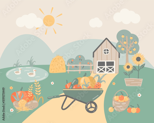 Harvest Day on a Cozy Farm – Children’s  Illustration