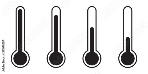 Set of black and white vector thermometers with different temperature levels, modern flat design style.