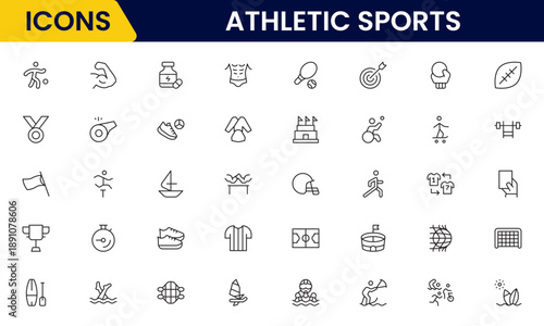 Athletic Sports Icons vector illustration with thin line contains a medal, football, basketball, cycling, athlete, racket, table tennis, sparing, cardio, gym, weight training, golf, volleyball