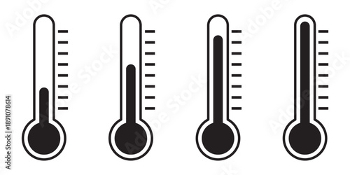 Set of black and white vector thermometers with different temperature levels, modern flat design style.