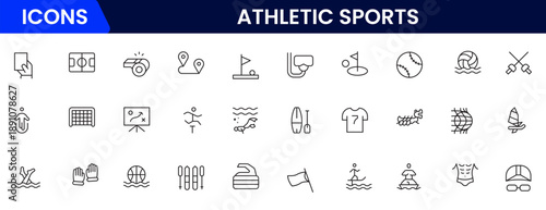 Athletic Sports Icons vector illustration with thin line contains a medal, football, basketball, cycling, athlete, racket, table tennis, sparing, cardio, gym, weight training, golf, volleyball