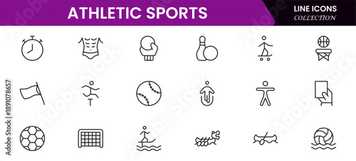 Athletic Sports Icons vector illustration with thin line contains a medal, football, basketball, cycling, athlete, racket, table tennis, sparing, cardio, gym, weight training, golf, volleyball