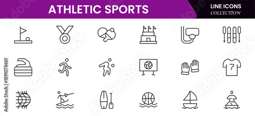Athletic Sports Icons vector illustration with thin line contains a medal, football, basketball, cycling, athlete, racket, table tennis, sparing, cardio, gym, weight training, golf, volleyball
