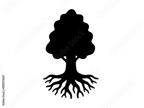 A minimalist black tree silhouette featuring a lush canopy and detailed root system, designed as a professional vector graphic and symbol of growth isolated on transparent background.