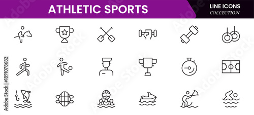 Athletic Sports Icons vector illustration with thin line contains a medal, football, basketball, cycling, athlete, racket, table tennis, sparing, cardio, gym, weight training, golf, volleyball