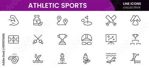Athletic Sports Icons vector illustration with thin line contains a medal, football, basketball, cycling, athlete, racket, table tennis, sparing, cardio, gym, weight training, golf, volleyball
