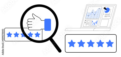 Customer experience, online reviews, rating analysis, business insights, user satisfaction, quality evaluation. Thumbs-up gesture, magnifying glass star ratings data charts displayed. Customer
