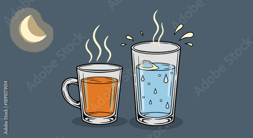 An illustration contrasting a steaming hot beverage in a mug with a refreshing cold drink in a glass, set against a dark background with a crescent moon.