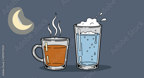 An illustrative depiction of a steaming hot beverage next to a refreshing cold drink, with a crescent moon signifying evening relaxation or choice.