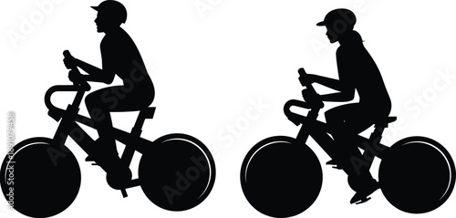Two cyclist silhouettes riding road bicycles wearing helmets endurance fitness sport training vector illustration isolated on white background design