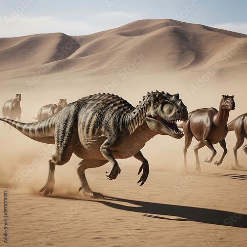A Tyrannosaurus Rex dinosaur running through a desert landscape with other dinosaurs in the background.