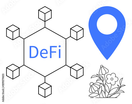 Blockchain, decentralized finance, geolocation, floral design, fintech, digital connection. Hexagonal blockchain network with DeFi text, a blue geolocation marker and flowers. Blockchain and fintech