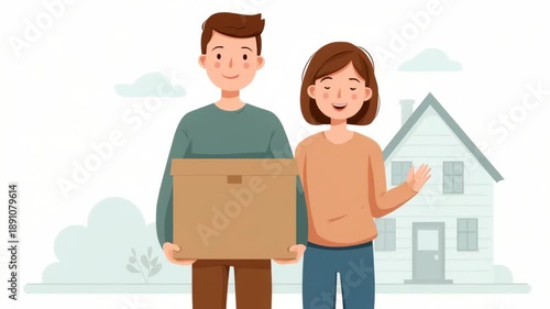 Happy couple moving into new home with cardboard box and smiling faces