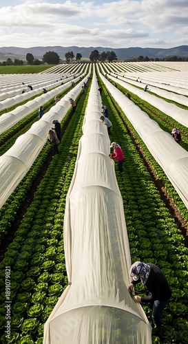 Agricultural workers tending to long rows of crops under protective fabric covers.