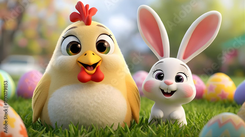 easter bunny and Hen  with eggs 