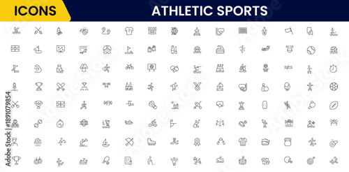 Athletic Sports Icons vector illustration with thin line contains a medal, football, basketball, cycling, athlete, racket, table tennis, sparing, cardio, gym, weight training, golf, volleyball