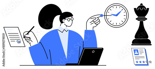 Person analyzing documents, holding a pen, using a laptop, pointing at a clock chess piece as strategy, profile as evaluation. Ideal for productivity, planning, leadership, organization time