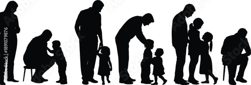Family silhouettes parents caring for children showing growth love parenting lifestyle moments vector illustration isolated on white background design