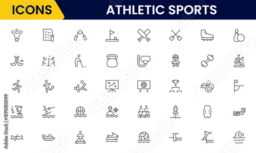 Athletic Sports Icons vector illustration with thin line contains a medal, football, basketball, cycling, athlete, racket, table tennis, sparing, cardio, gym, weight training, golf, volleyball