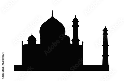 Black Silhouette of Taj Mahal Vector Illustration. Isolated Icon of Famous Indian Landmark Agra Mausoleum Architecture Symbol Design on White Background.
