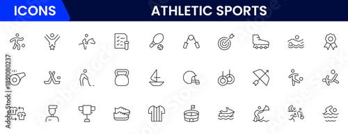 Athletic Sports Icons vector illustration with thin line contains a medal, football, basketball, cycling, athlete, racket, table tennis, sparing, cardio, gym, weight training, golf, volleyball